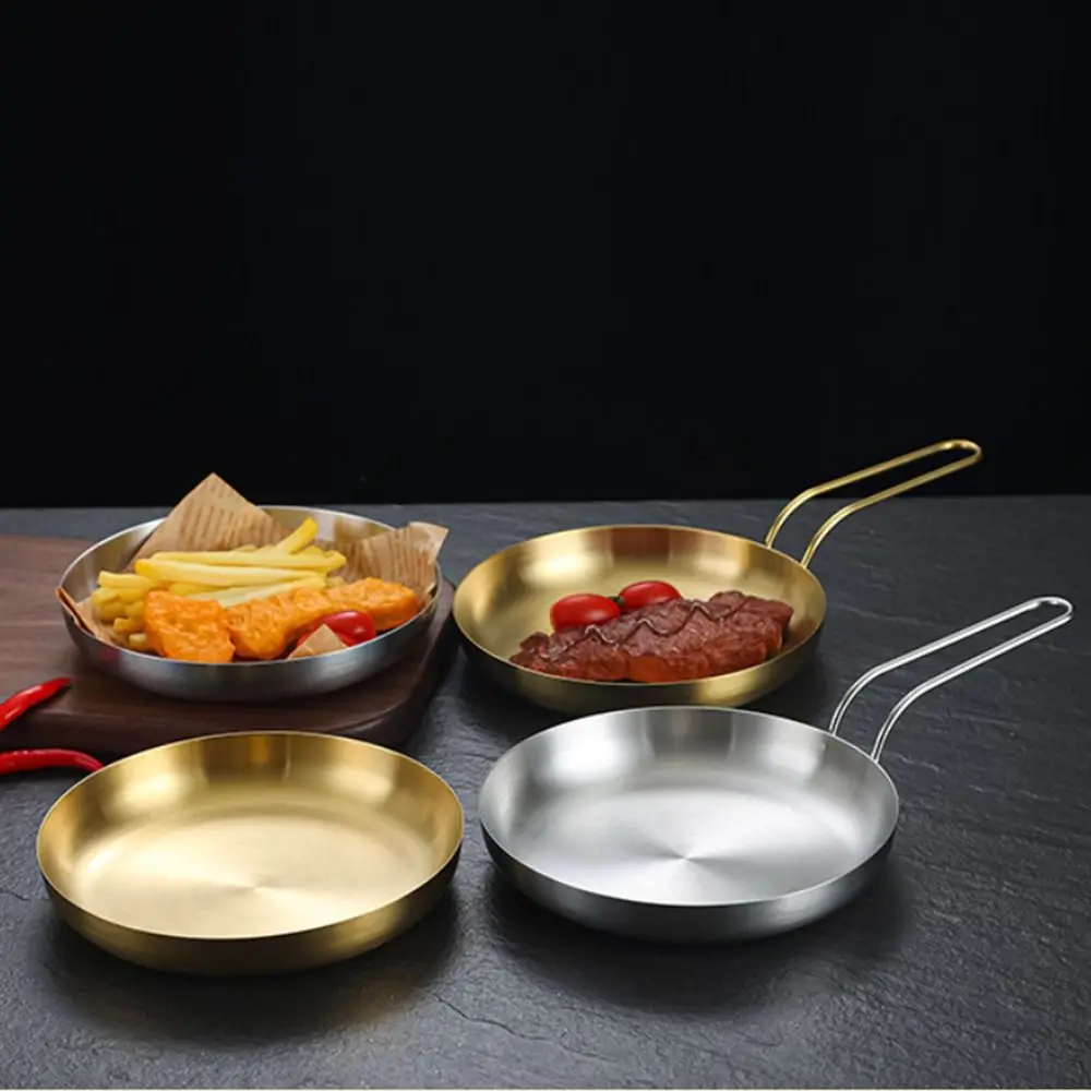 High-quality 18/20cm Stainless Steel Frying Pan Flat Bottom Golden/Sliver Steak Skillet Handled Rust-proof Snack Dish Parties