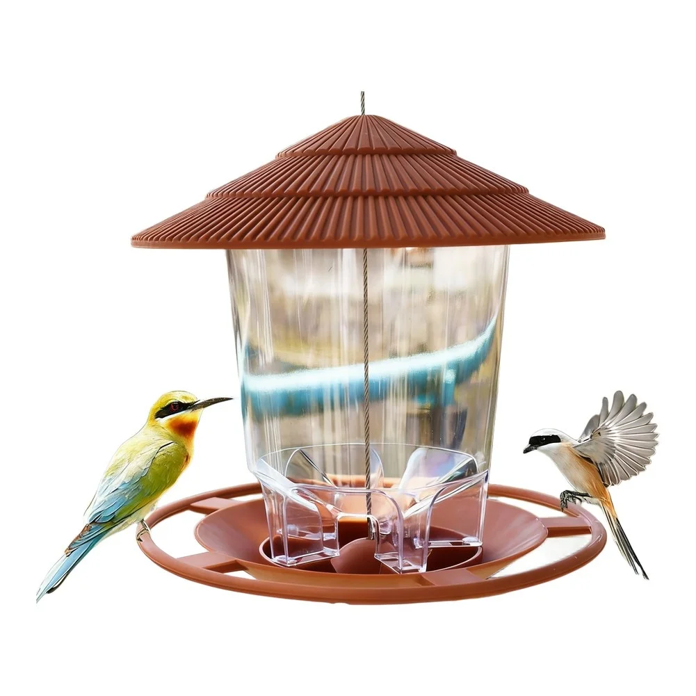Outdoor Hanging Bird Feeder House with Weatherproof Plastic Body Round Design Crumb Tray and Transparent Center