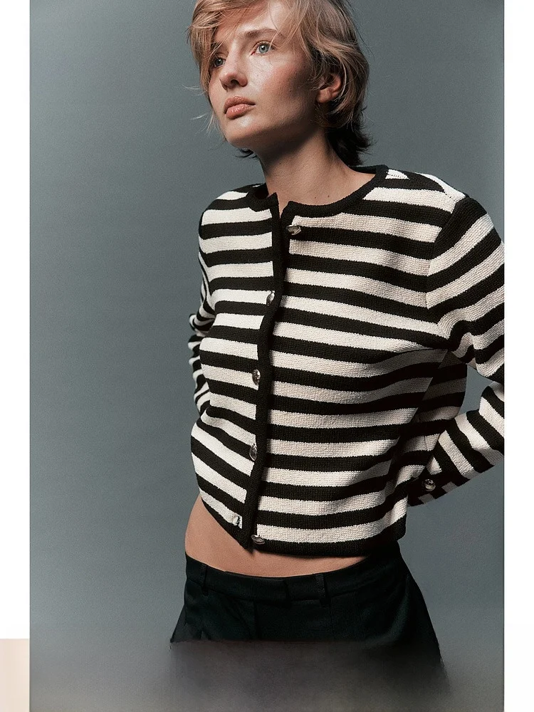 

H&M Women's Knitted Sweater round Ne Striped Faion Outerwear Cardigan Polyester Viscose Nylon Blend Autumn 2023 Collection