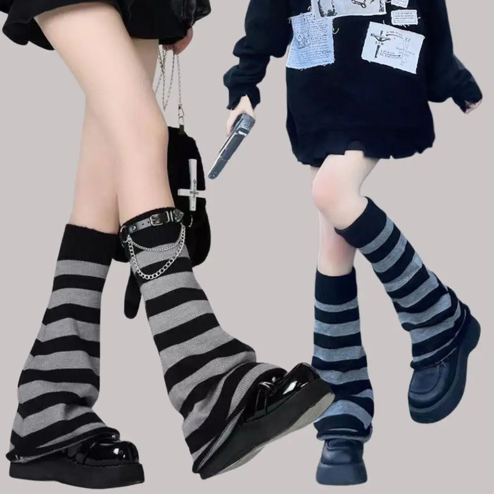Gothic Women Striped Leg Warm Lolita Long Socks Harajuku Leg Covers Japanese Winter Knee High Stacked Socks Warmer Spike Socks
