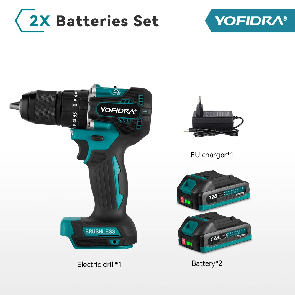 YOFIDRA 13MM 35+3 Drehmoment Bürstenloser Elektro-Schlagbohrschrauber Akku-Elektroschrauber Elektrowerkzeug für Makita 18-21V Akku