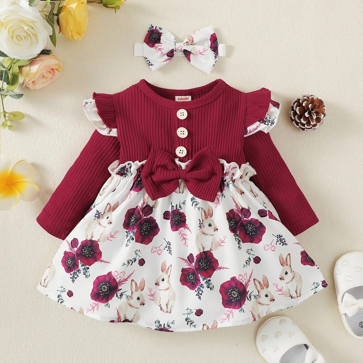 

0M-24M Newborn Infant Toddler Baby Girl Dress Autumn Rabbit Print Cotton Patchwork Ruffled Long Sleeve Princess Dress