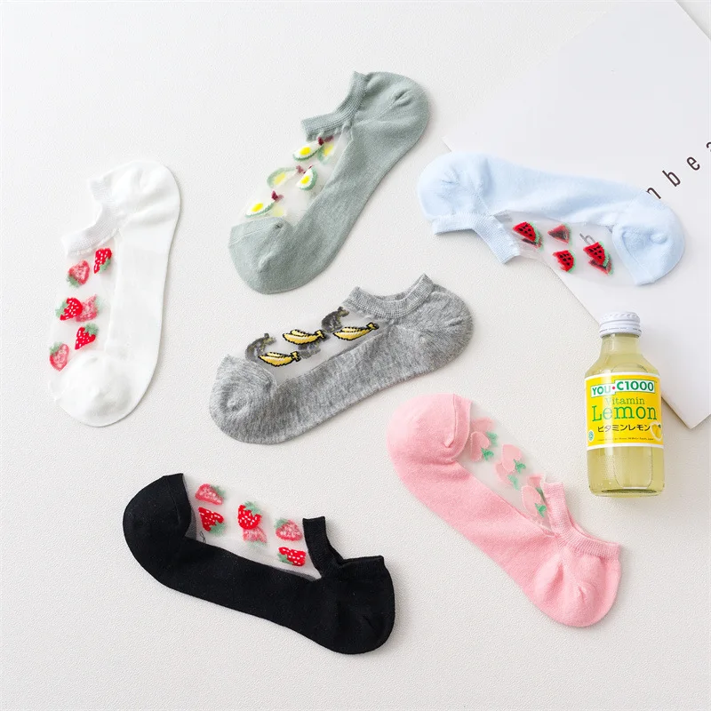 

6 Pairs Women Casual Summer Funny Socks Transparent Harajuku Fruit Print Ankle Socks School Girl Breathable Invisible Socks