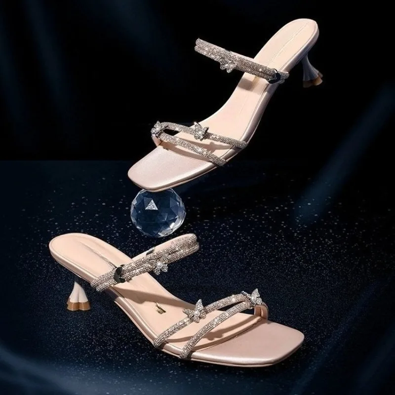 Two-Wear Stiletto Sandals Autumn New Square Toe Rhinestone Clear Strap Anti-Slip Wear-Resistant Kitten Heels