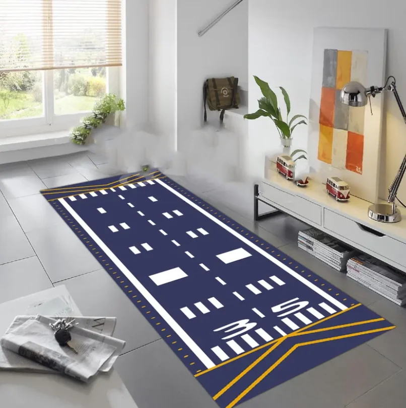 Airplane Runway Runner Rug Aerial View Non-Slip Rug Retro Black Stereo Carpet Vintage Console Design Decoration Style