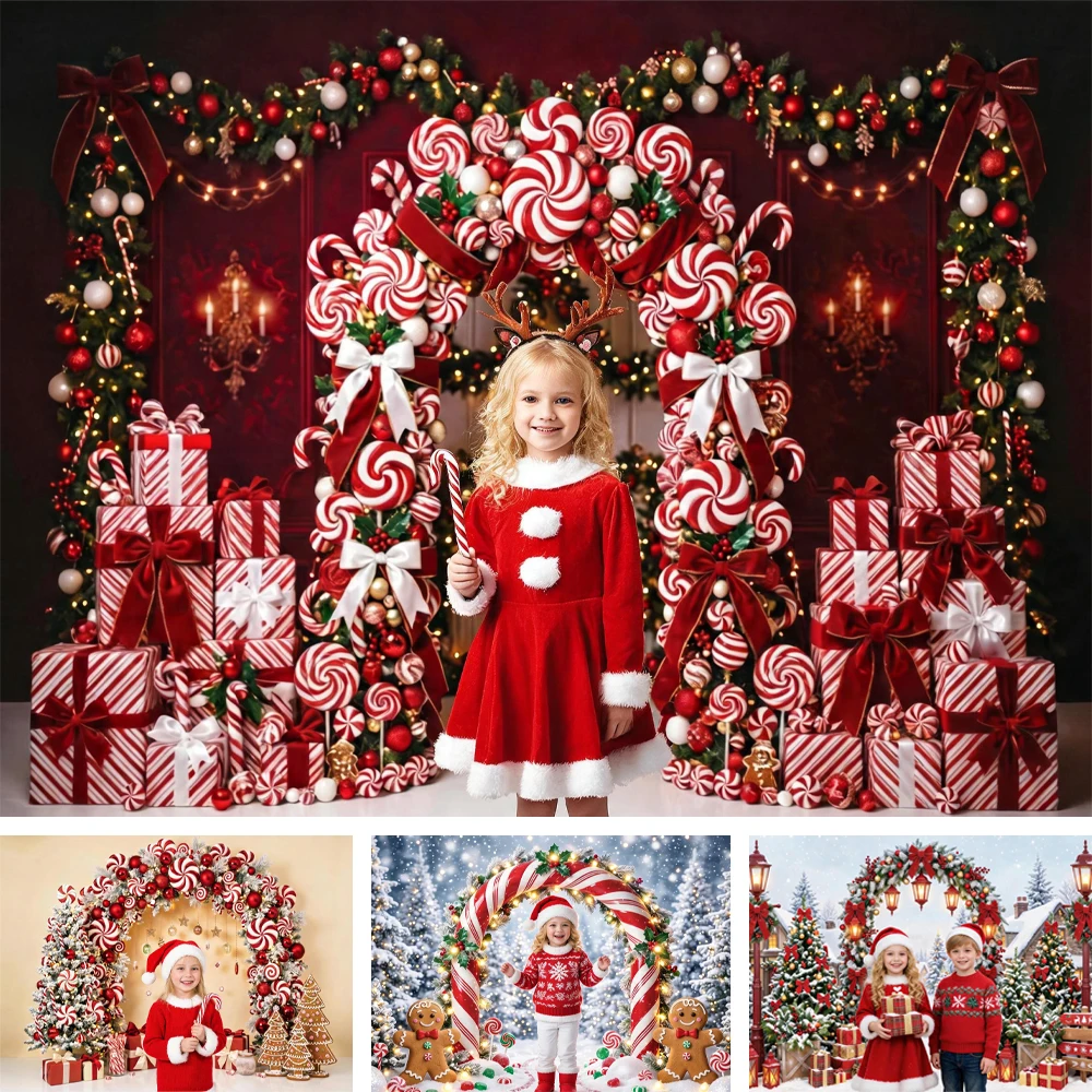 Peppermint Candy Cane Christmas Photography Backdrop Striped Peppermint Arch Wrapped Gift Boxes Bow Wreath Photo Background