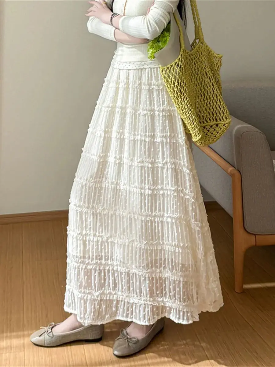 

Женская белая юбка миди 2026 Весна/Лето, новинка, шифоновая, с пэчворком и оборками, А-силуэт, многоярусная, длинная юбка