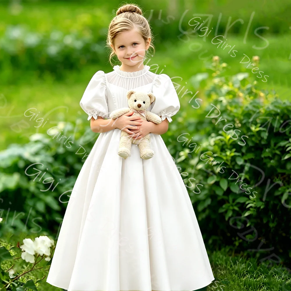 Customized Pink Satin Flower Girl Dress For Wedding With Bow Puffy Half Sleeve High Waist Kids Birthday First Communion Gown