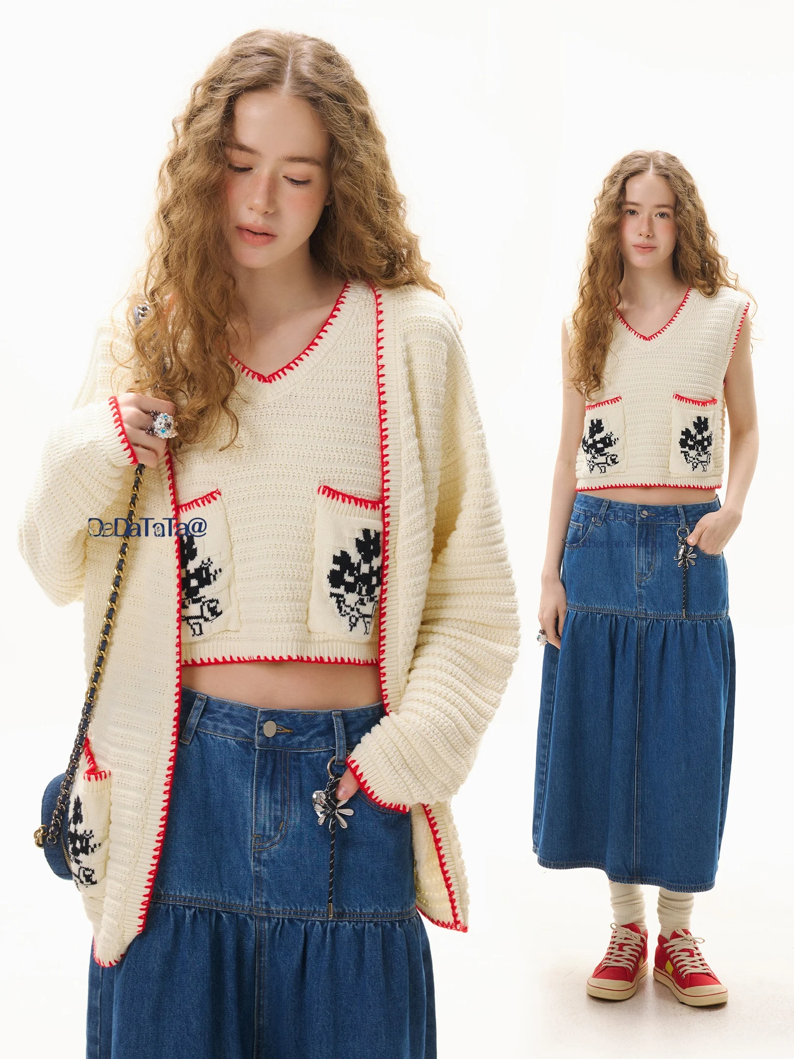 

Комплект Dadatata: Женский вязаный жилет и кардиган большого размера, белый, весенний модный ансамбль с цветочным узором, длинный рукав