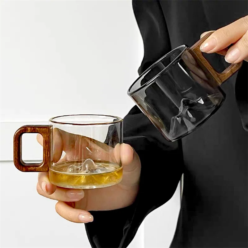 Small capacity 110ml Walnut Wooden Handle Glass Coffee Mug Freshly Ground Coffee Cup Home Tea Milk Breakfast Cups Drinkware view 4