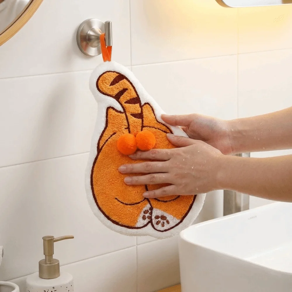 Cute Super Absorbent Cartoon Hand Towel Thickened Cat Pattern Kitchen Towel Coral Fleece Soft Hanging Towel Kitchen