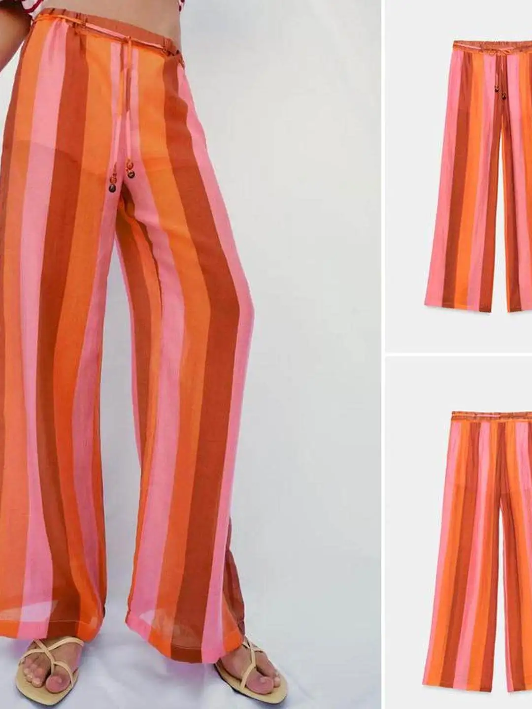 Casual Stripe Wide Leg Pants Loose Fit Comfortable Fashion Beaded Waist Belt Decorative Casual Summer Holiday Style Women's J...