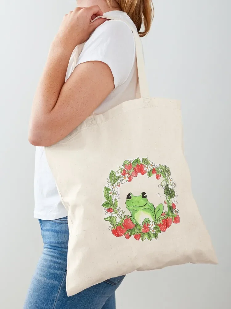 

Strawberry plant frog wreath Tote Bag great bag shopping bags foldable Canvas stote bag custom fabric