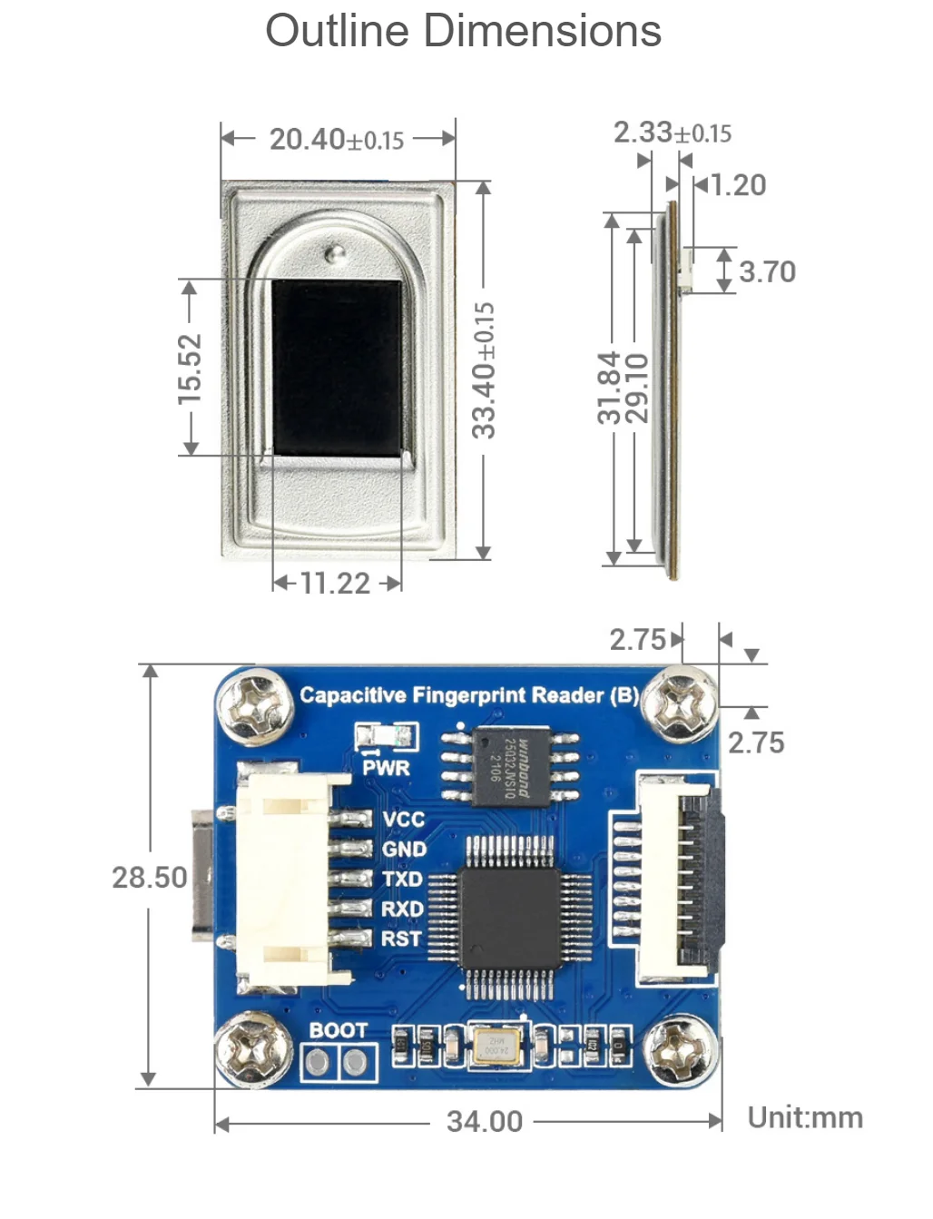 عالية الدقة بالسعة قارئ بصمات الأصابع (B) ، UART/USB منافذ مزدوجة ل التوت بي/اردوينو/STM32