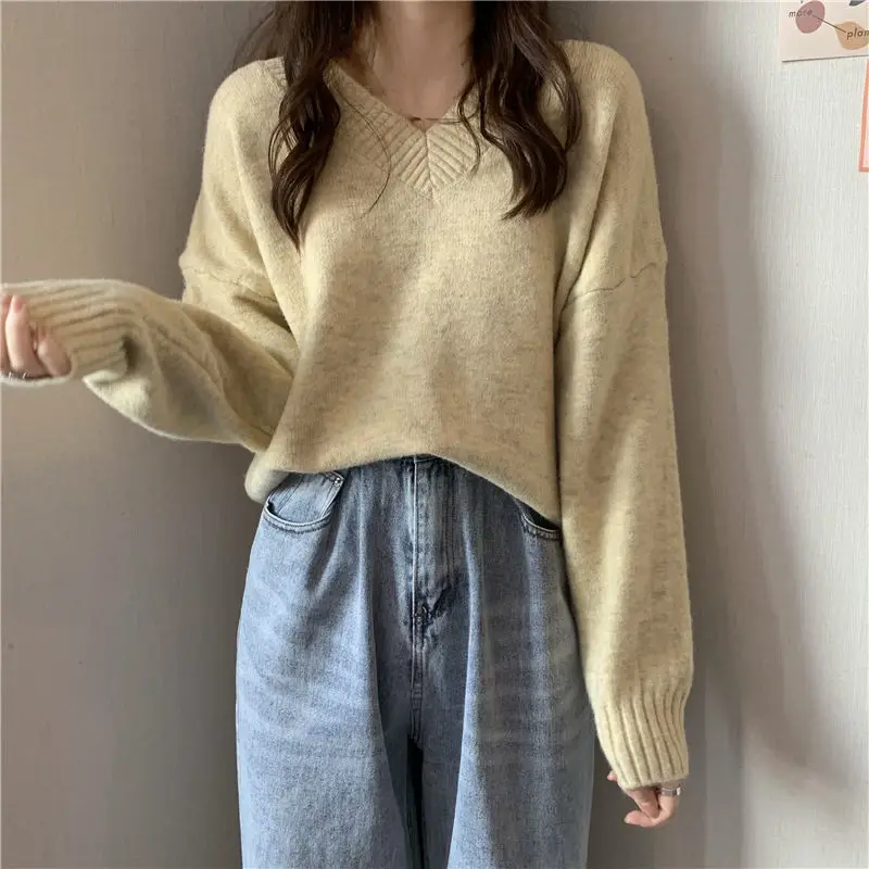 Auyumn Winter Solid Thick Sweet Pullovers V-neck Intellectual Loose Comfortable Temperament Screw Thread Women's Clothing 2022