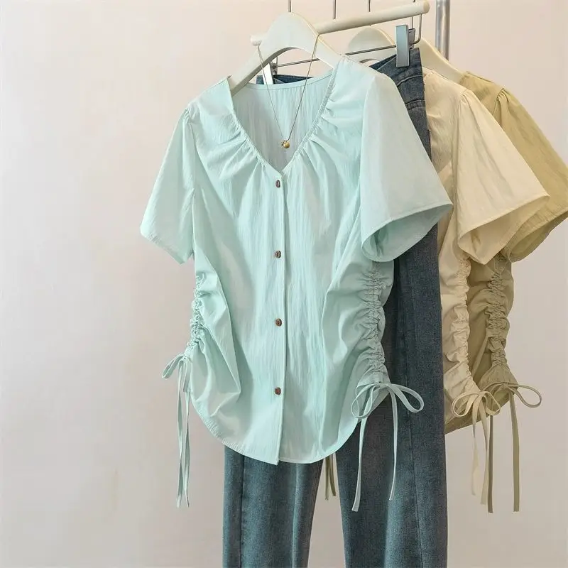 

V Neck Solid Drawstring Pleated Korean Shirt Tops Summer Short Sleeve All-match Short Fashion Blouse Casual Sweet Women Clothing