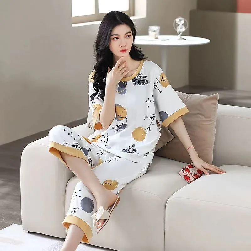 

Pure Cotton Short-sleeved Cropped Pants Pajamas Outfit Latest Women's Short-sleeved Loungewear Summer Two-piece Set Home Clothes