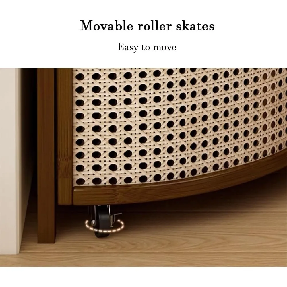 حامل رف زاوية من الروطان مع سلة تخزين، خزانة كتب على شكل مروحة، مصنوع من الروطان، مثالي لحلول تخزين غرفة النوم #6