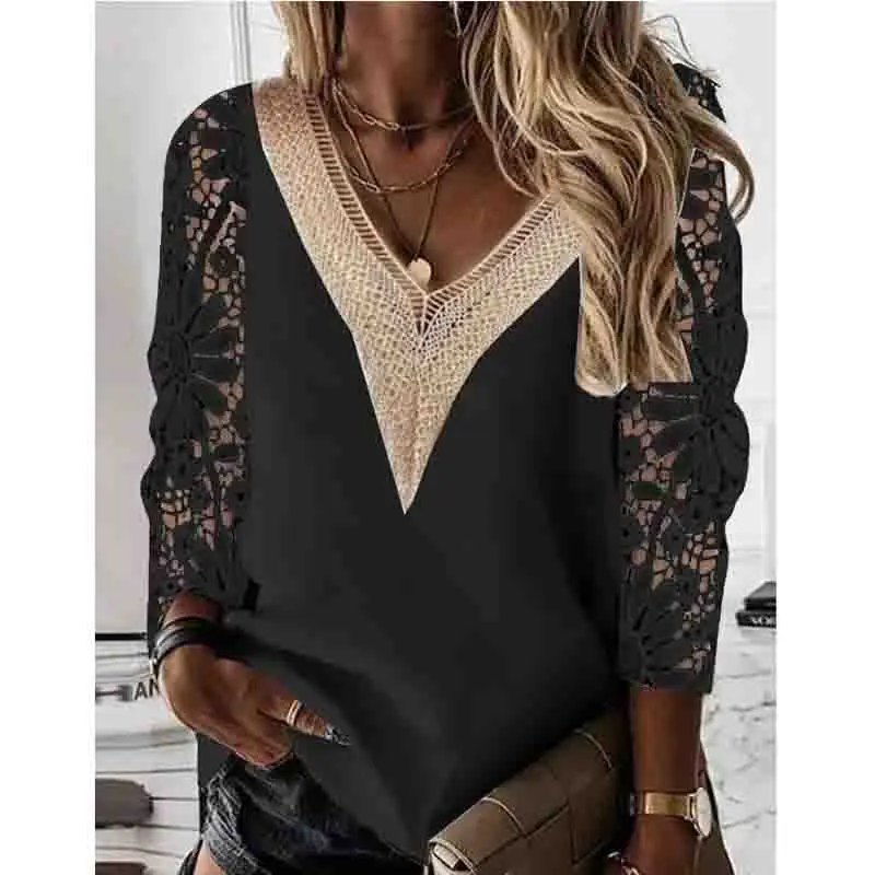 New V-neck Stitching Lace Women Blouse Long Sleeve Spring Hollow Out Chiffon Shirt Casual Tops Loose Clothes Blusas 25948