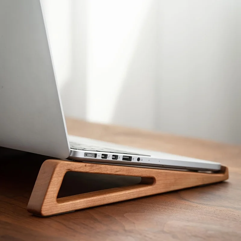 Portable Foldable Wooden Laptop Stand - Ergonomic 12° Adjustable Angle, Cooling Ventilation Triangular Design, Office Accessory