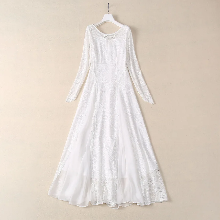 

European and American women's clothing new summer Back v-neck Long sleeve white lace fashion Pleated dress XXL