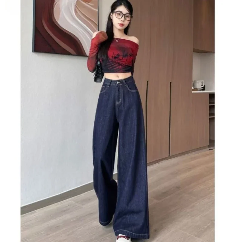 

Dark blue floor wide leg jeans women autumn American retro high waist loose slimming long pants Simple commuting/Korean version