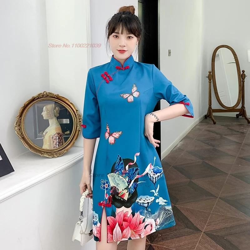 

2024 chinese improved cheongsam a-line qipao dress national flower print sweet qipao oriental banquet evening dress cheongsam