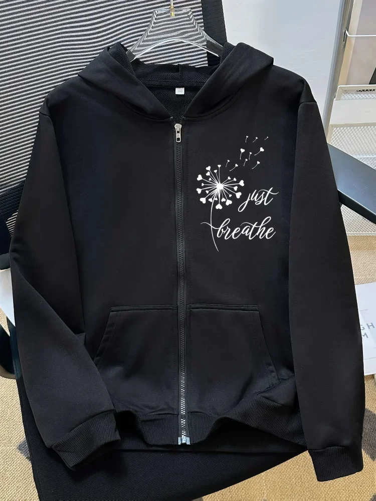 Kids Zip Up Hoodie Dandelion Just Breathe Print Long Sleeve Loose Casual Hooded Jacket Daily Outdoor Outerwear