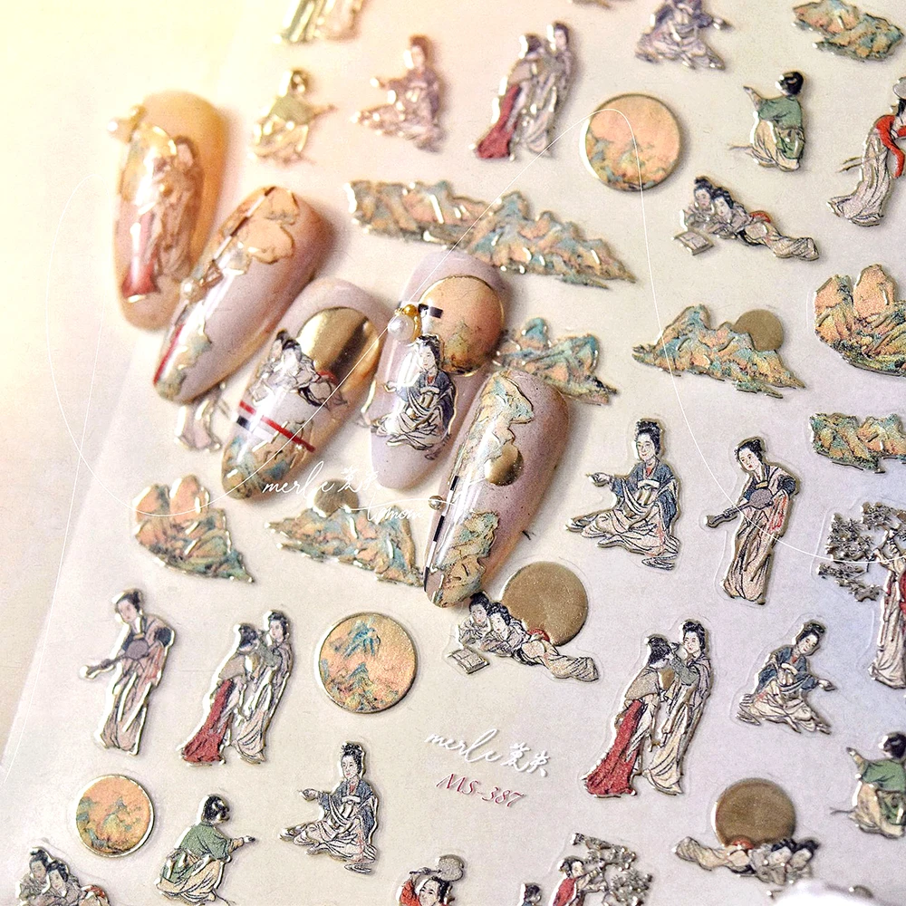 Hot Stamping Chinese Ancient Style The Maidens Painting 3D Self Adhesive Nail Art Decorations Stickers Vintage Manicure Decals