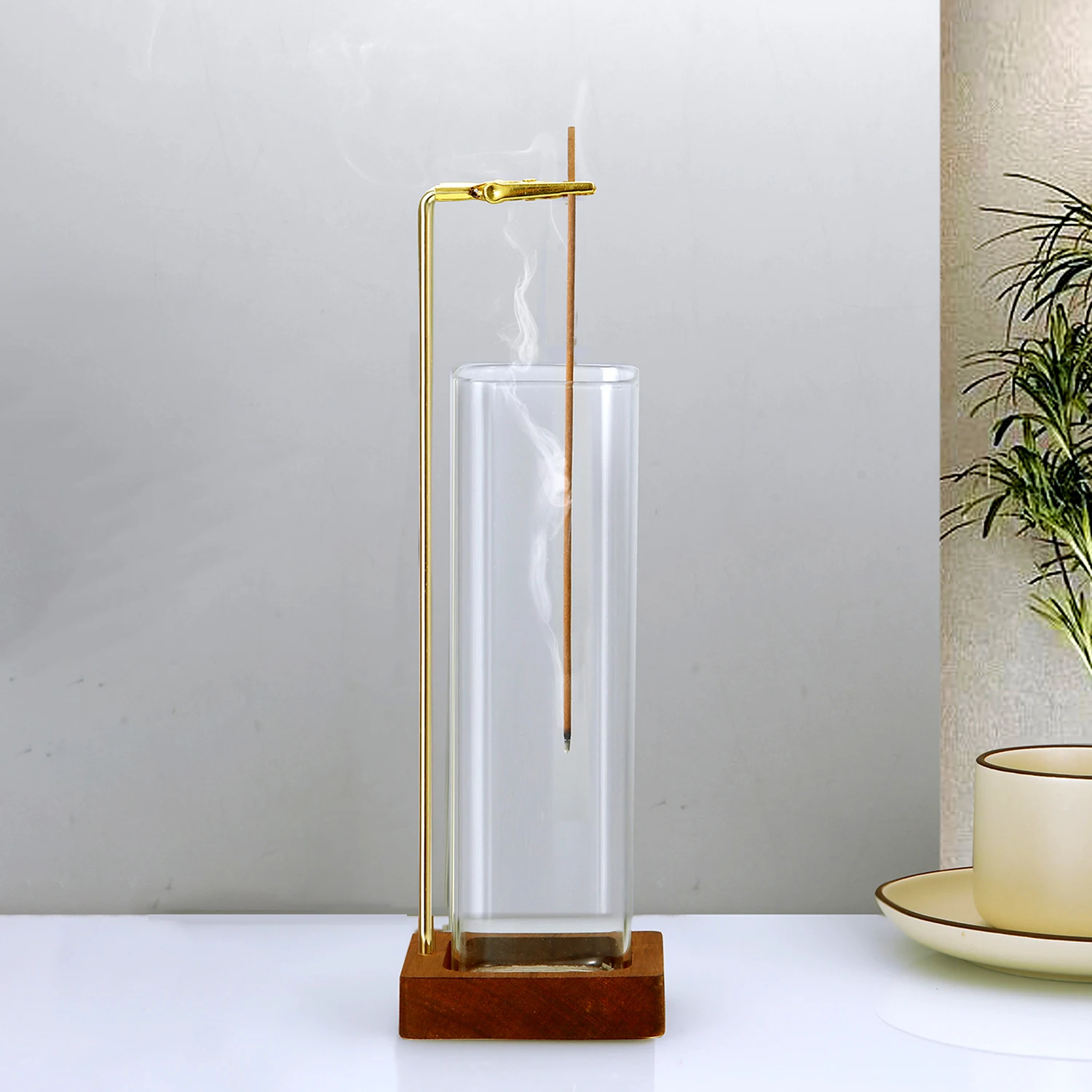 Glass Incense Holder Wooden Incense Holder for Sticks with Glass Ash Catcher Anti-Ash Flying Incense Burner for Yoga Home Decor