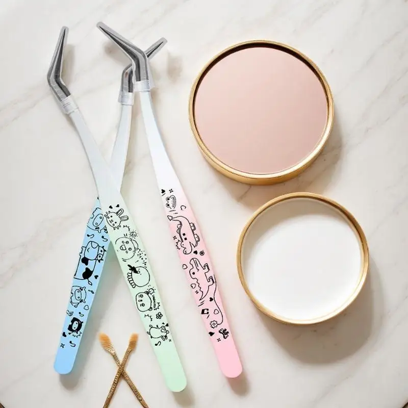 Pinzas para pestañas postizas con estampado de dibujos animados, pinzas para extensión de pestañas 3D profesionales curvadas de acero inoxidable, herramientas de maquillaje