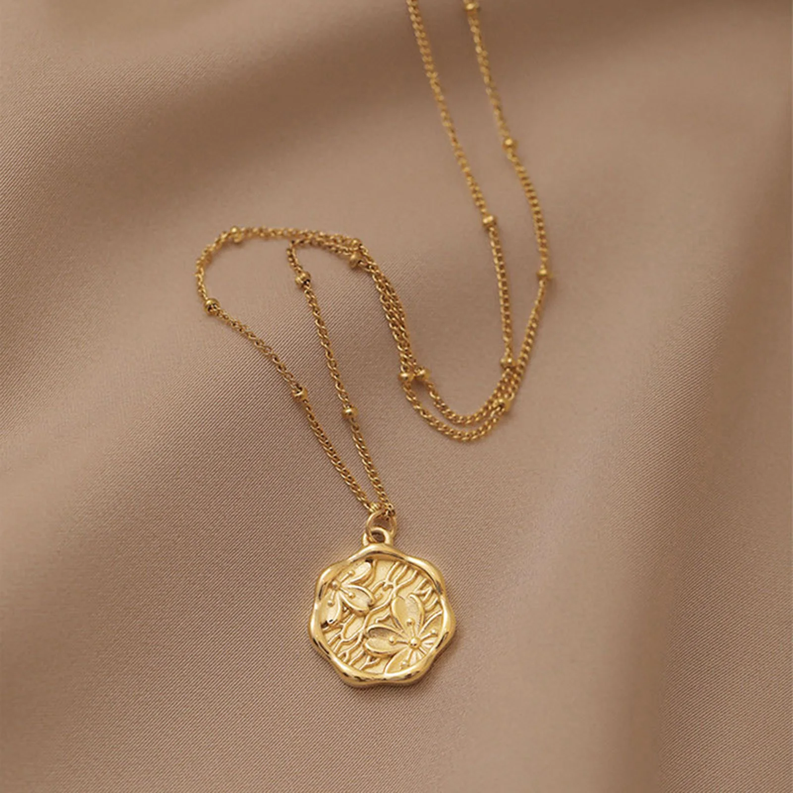 

Coin Pendant Flower Necklace for Women,Satellite Chain Link, Stainless Steel 14k Gold Plated Jewelry Not Fade