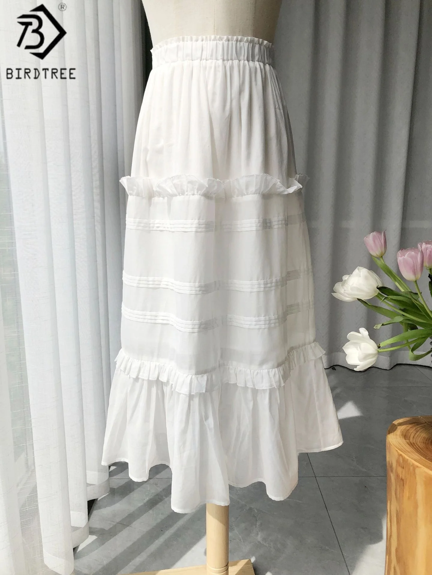 

BirdTree 100% Cotton Pleated Lace Skirt,Woman Double-Layer White Color Loose Long Skirt Vacation Style ,2025 New D57112JF
