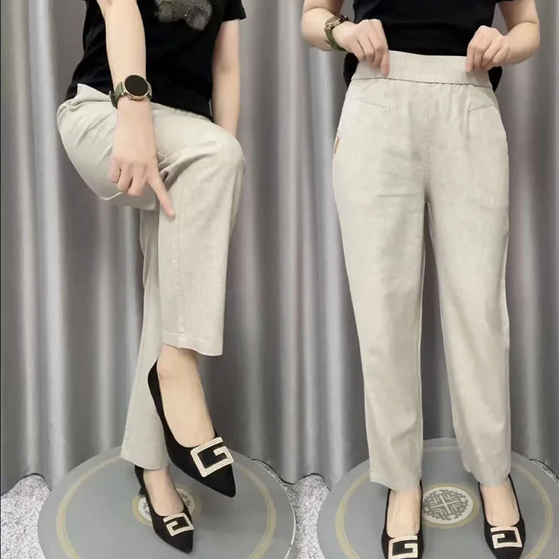 กางเกงผ้าฝ้ายและผ้าลินินน้ําแข็งฤดูร้อนบางอเนกประสงค์ลําลองหลวมอินเทรนด์เรียบง่ายสีทึบผู้หญิงวัยกลางคนและผู้สูงอายุ