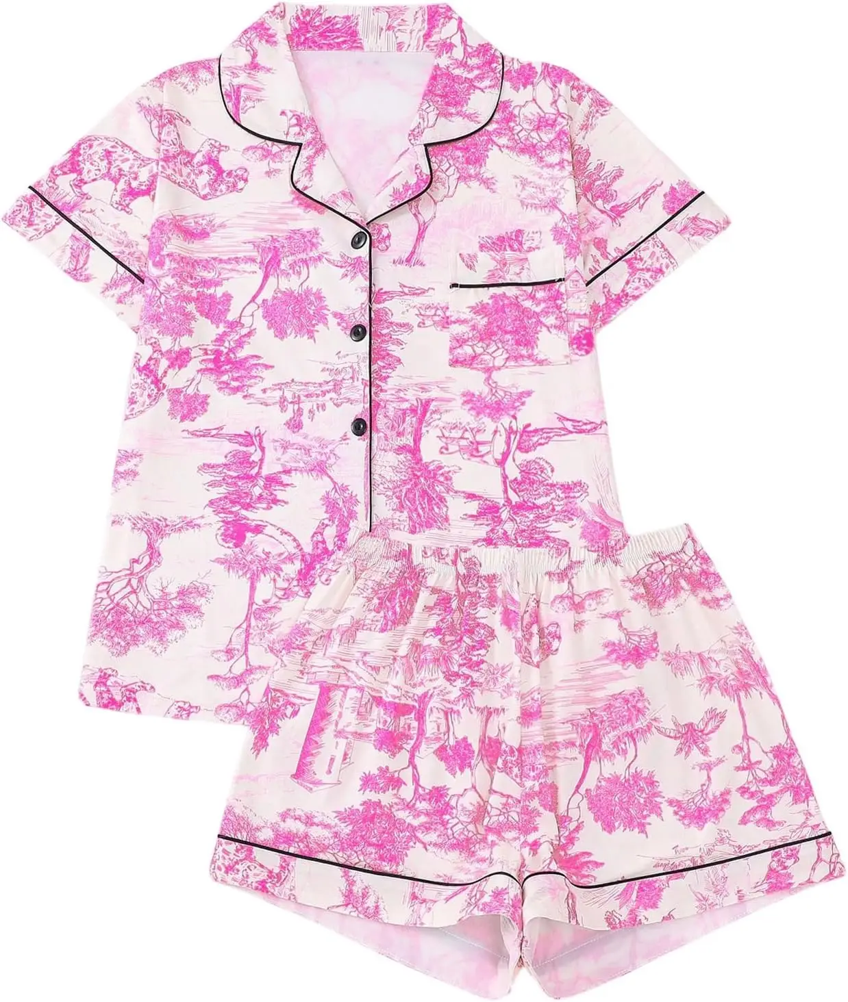 Pigiama floreale da donna con colletto dentellato e stampa pigiama in due pezzi