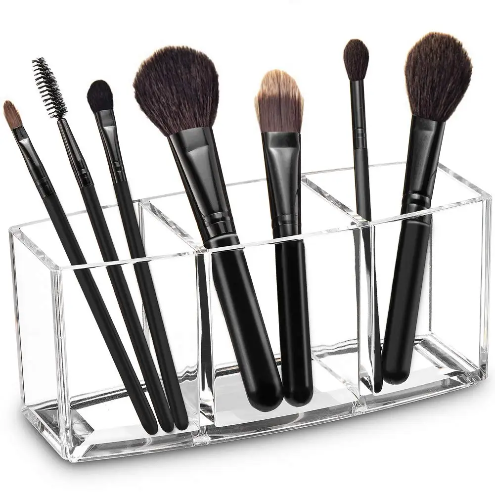 Acryl-Make-up-Pinsel-Organizer-Halter, transparente Aufbewahrungsbox für Kosmetikpinsel mit 3 Fächern für den Schreibtisch, Waschtisch, Badezimmer,