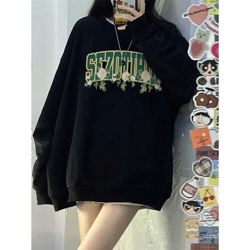 Fashion Printing Spliced Letter Casual Sweatshirts Female Clothing 2023 Autumn Winter Loose Korean Tops All-match Sweatshirts
