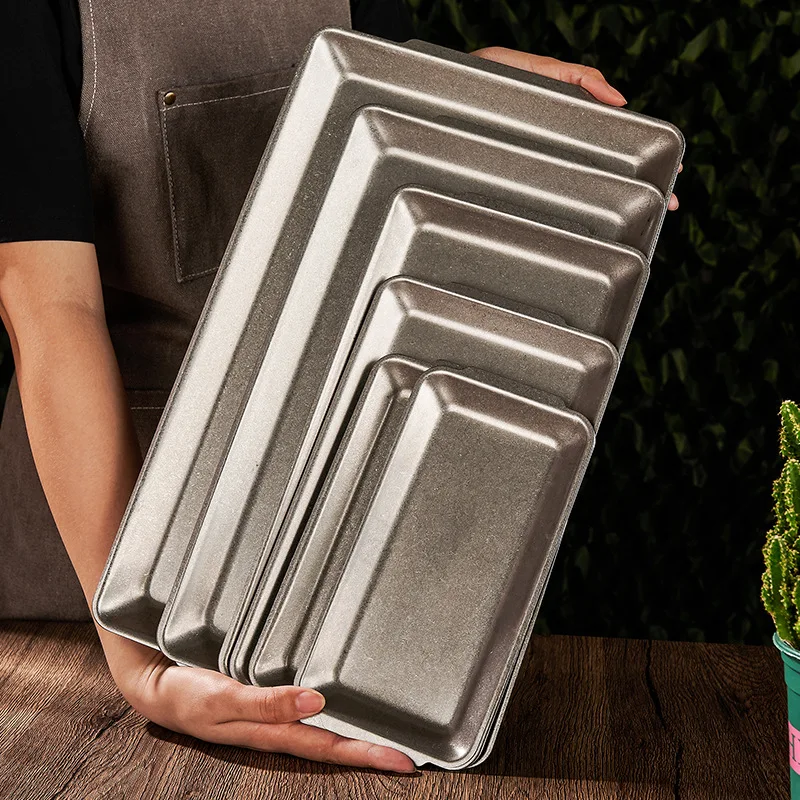Snow Sand Stainless Steel Retangle Trays Dish Plate Barbecue Pans Retro Western Steak Tray Kitchen Tableware Storage Plate