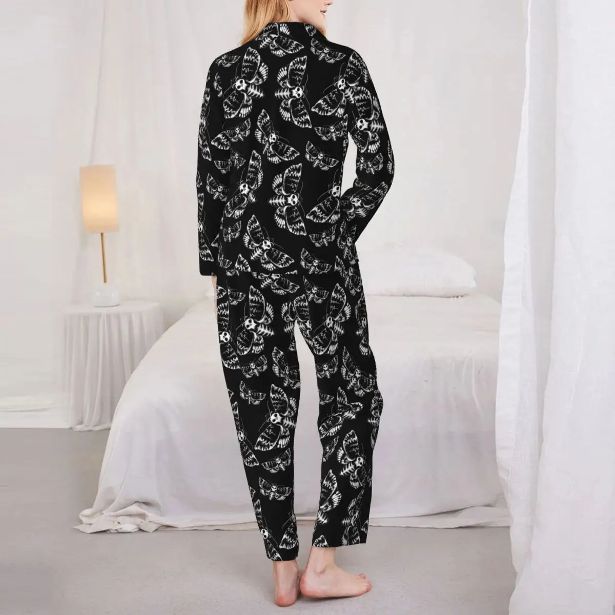 Gothic Print Pajama Set Spring White Death Head Moth Fashion Sleep Sleepwear Female 2 Pieces Vintage Oversize Custom Nightwear