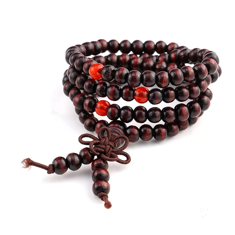 Chinese Style Small Leaf Red Sandalwood Buddhist Beads String Necklace Multilayer Lacquer Women Men Rosary Bracelet Beads Knot