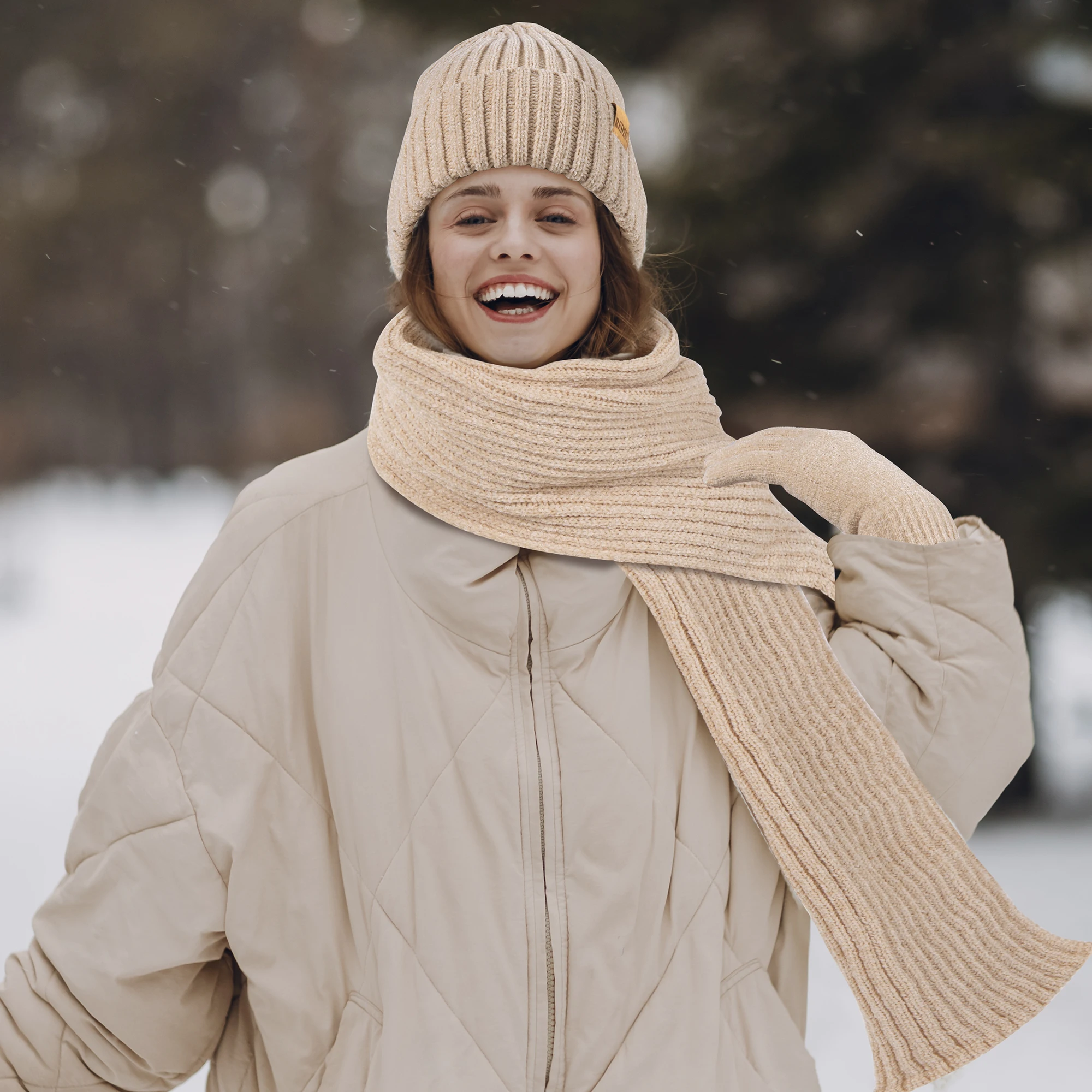 หมวก ผ้าพันคอ และถุงมือสำหรับผู้หญิง หมวกฤดูหนาว ผ้าพันคอผู้หญิง ชุดของขวัญหน้าจอสัมผัสสำหรับสภาพอากาศหนาวเย็น