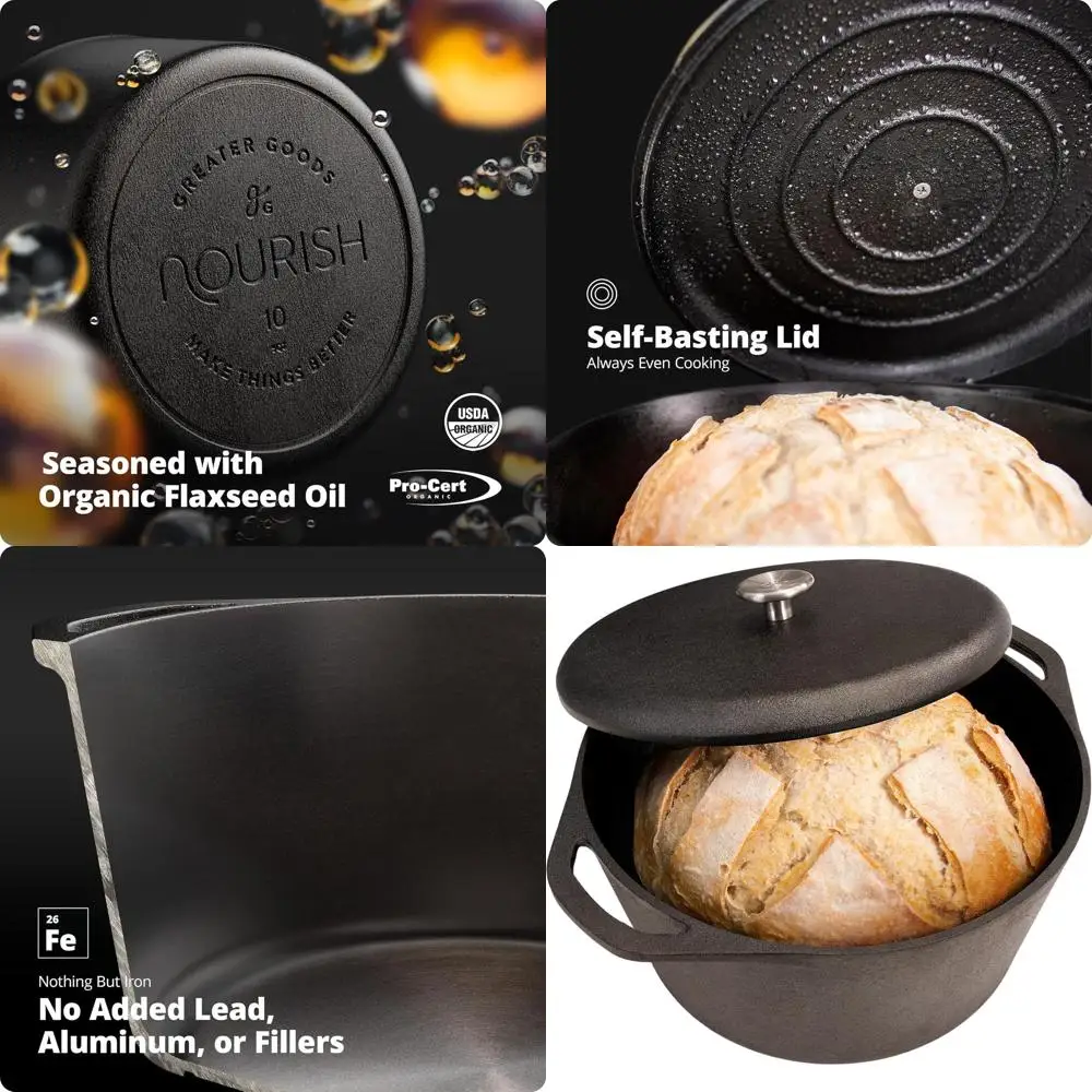 

5-Quart Dutch Oven with Lid - Smooth Cooking Surface, Organic Pre-Seasoned, Heavy-Duty Cast Iron for Oven and Table Use