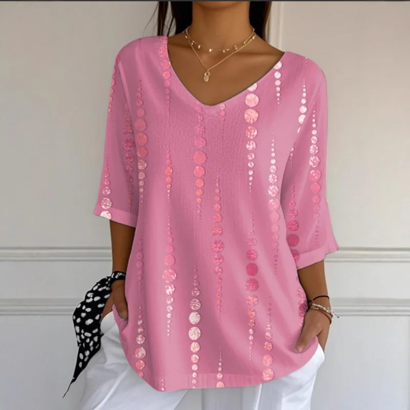 Women V Neck Three Quarter Sleeve Casual Top Vertical Dot Digital Print Loose Blouse