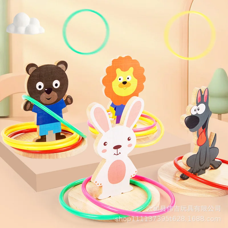 

10pcs Plastic Rings+ Wood Animal Set Kids Ring Toss Booth Carnival Garden Outdoor Sports Toys Throwing Speed Training Games