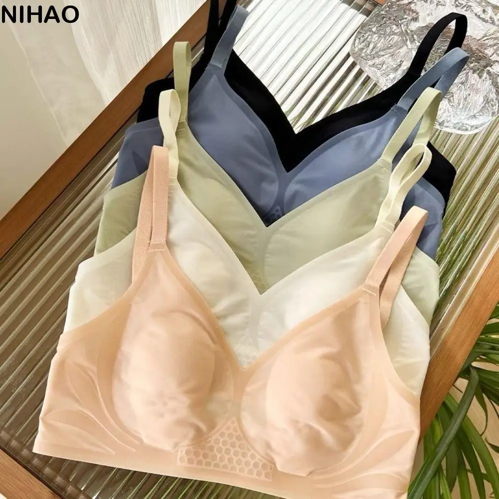 

Breathable Ice Silk Wireless Deep V Bra Shockproof Lingerie Seamless Underwear Women Thin Anti-sagging Push Up Bra Girls