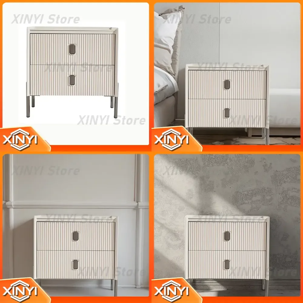 Smart Luxury Cream Bedside Cabinet for Home Apartment Solid Wood Minimalist Nightstand with 2 Storage Drawers Bedroom