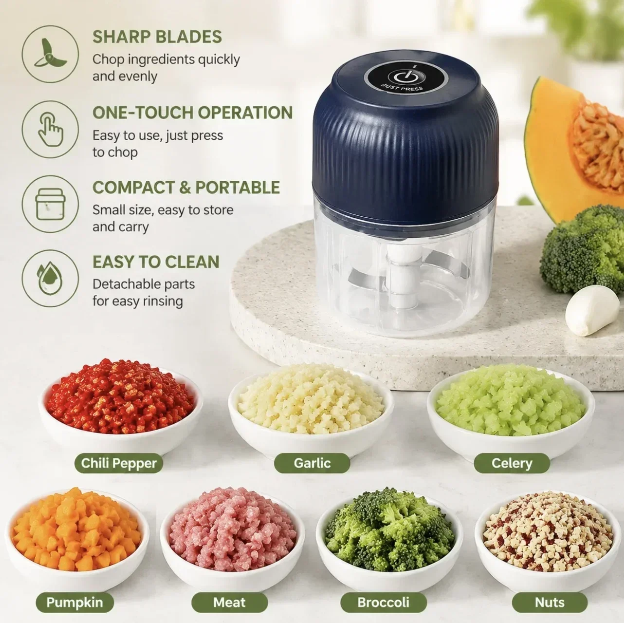 250ml Mini Wireless USB Rechargeable Electric Vegetable Chopper Garlic Crusher Food Chopper for Kitchen Gadgets for Garlic