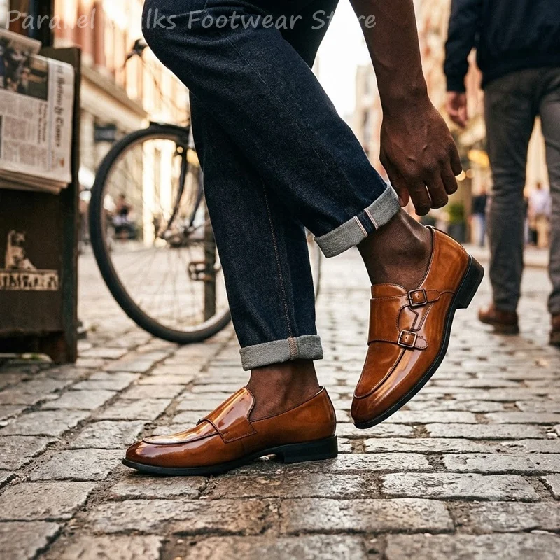 Men Double Buckle Loafers Vintage Slip On Dress Shoes Classic Formal Oxfords Business Casual Office Party Footwear Shoes For Men view 4