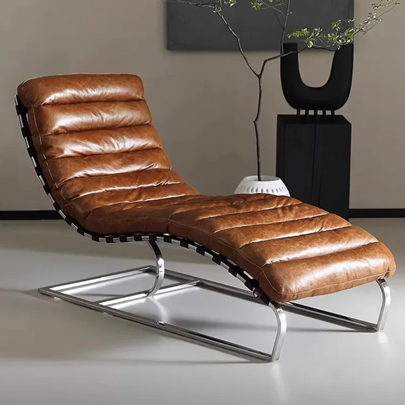 中世の昼休み用リクライニングチェア、オイルワックスレザー、バルコニー、コルビュジエレザー、カジュアルソファチェア