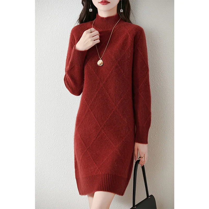 Half High Collar 100% Wool Dress For Women's Autumn Winter Long Sleeved Solid Color High-Quality Pullover Warm Knit Top